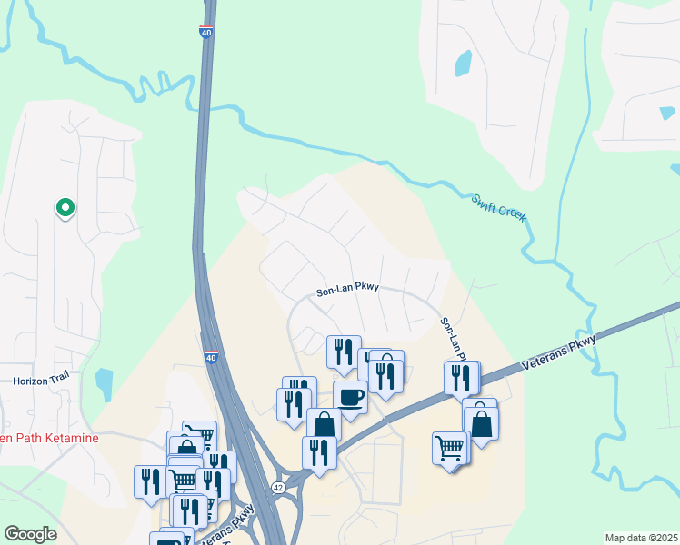 map of restaurants, bars, coffee shops, grocery stores, and more near 45 Cliffview Drive in Garner