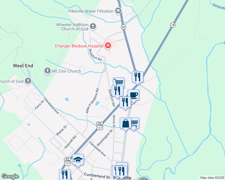 map of restaurants, bars, coffee shops, grocery stores, and more near 204 Rockfort Rd in Pikeville