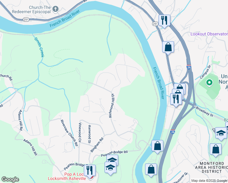 map of restaurants, bars, coffee shops, grocery stores, and more near 239 Richmond Hill Drive in Asheville