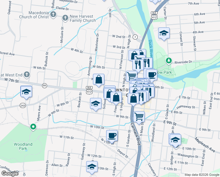 map of restaurants, bars, coffee shops, grocery stores, and more near 316 West 7th Street in Columbia
