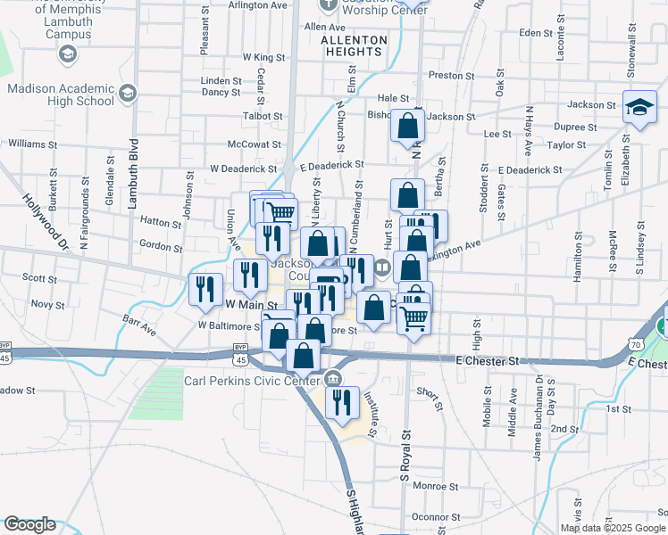 map of restaurants, bars, coffee shops, grocery stores, and more near E College St & N Church St in Jackson