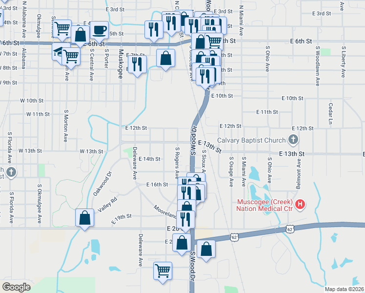 map of restaurants, bars, coffee shops, grocery stores, and more near 806 East 13th Street in Okmulgee