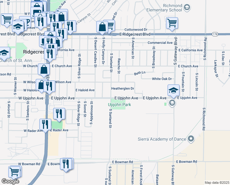 map of restaurants, bars, coffee shops, grocery stores, and more near 431 South Jacobs Court in Ridgecrest