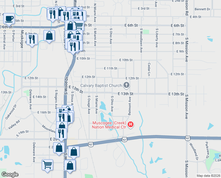 map of restaurants, bars, coffee shops, grocery stores, and more near 814 South Ohio Avenue in Okmulgee