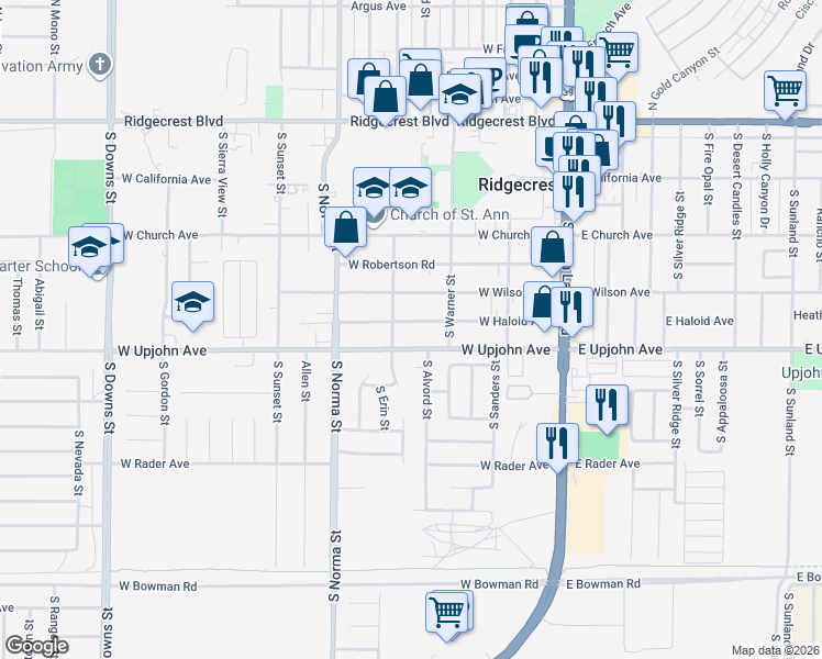map of restaurants, bars, coffee shops, grocery stores, and more near 341 West Haloid Avenue in Ridgecrest