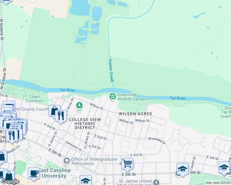 map of restaurants, bars, coffee shops, grocery stores, and more near South Tar River Greenway in Greenville