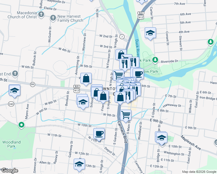 map of restaurants, bars, coffee shops, grocery stores, and more near 703 North High Street in Columbia