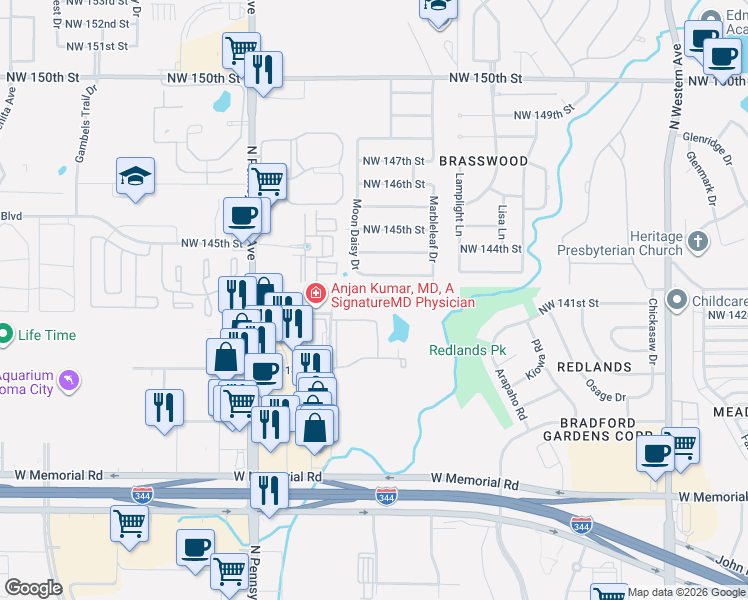 map of restaurants, bars, coffee shops, grocery stores, and more near 1824 Northwest 143rd Street in Edmond