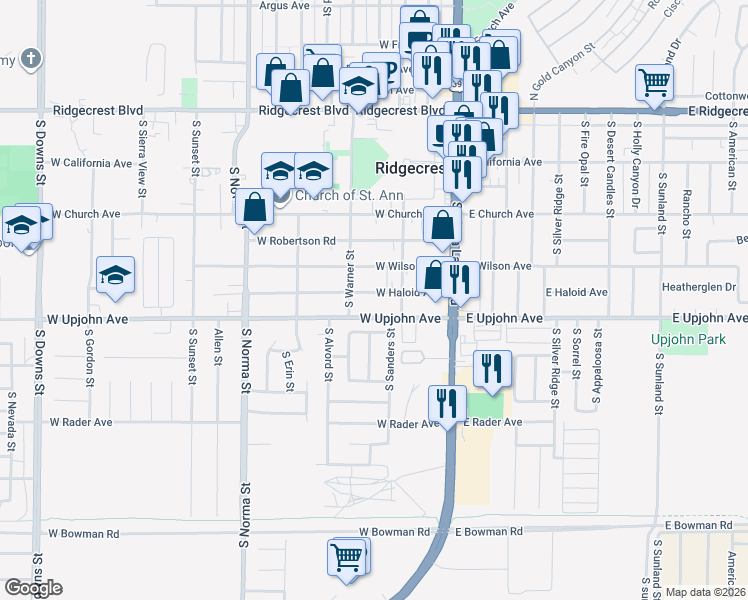 map of restaurants, bars, coffee shops, grocery stores, and more near 219 West Haloid Avenue in Ridgecrest