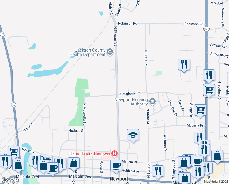 map of restaurants, bars, coffee shops, grocery stores, and more near 1005 North Pecan Street in Newport