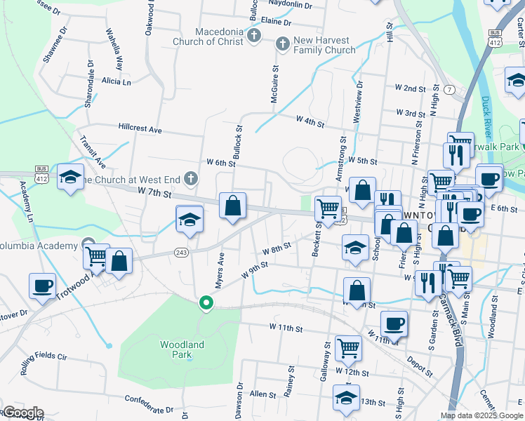 map of restaurants, bars, coffee shops, grocery stores, and more near 701 West 7th Street in Columbia
