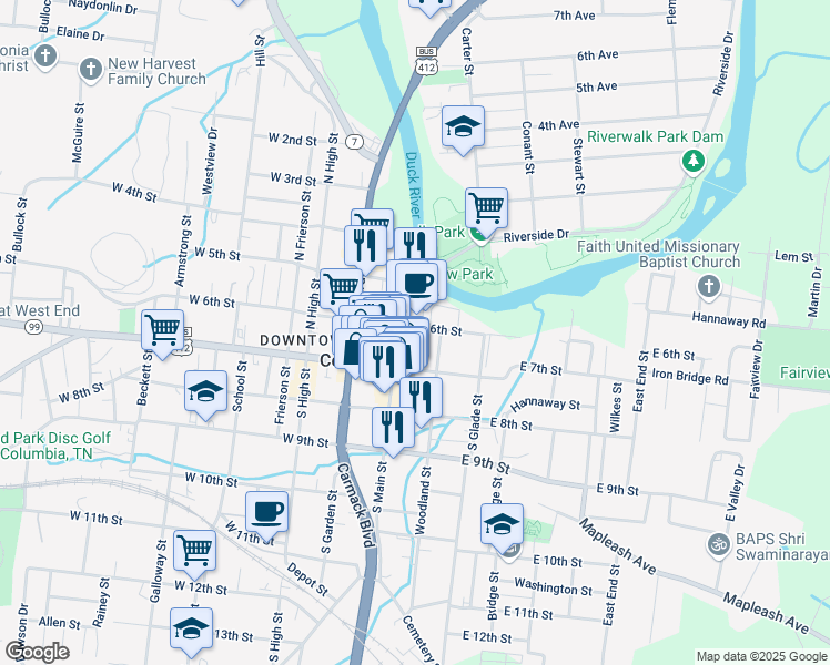 map of restaurants, bars, coffee shops, grocery stores, and more near 106 East 6th Street in Columbia