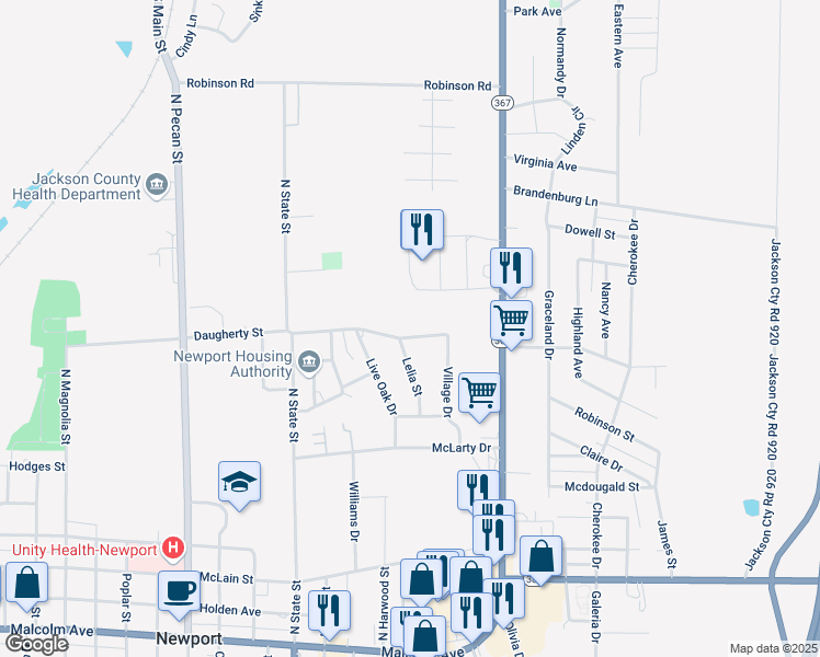 map of restaurants, bars, coffee shops, grocery stores, and more near 2101 Daugherty Street in Newport
