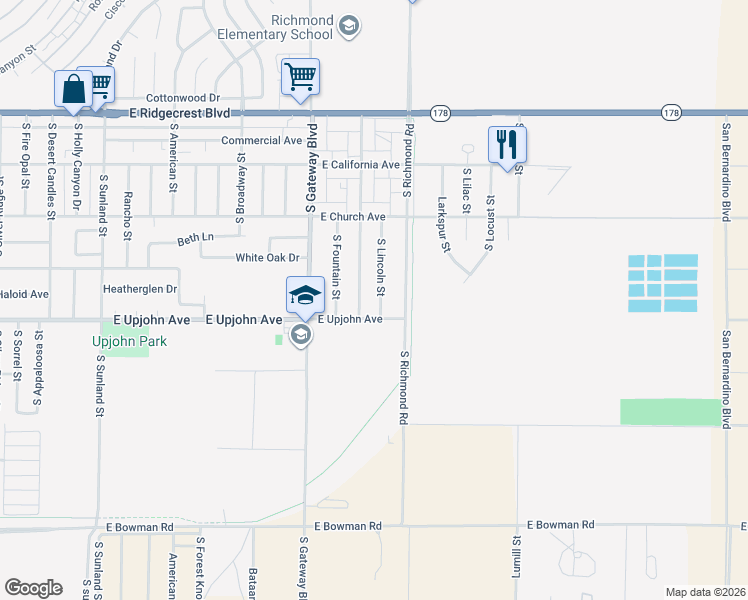 map of restaurants, bars, coffee shops, grocery stores, and more near 425 South Lincoln Street in Ridgecrest