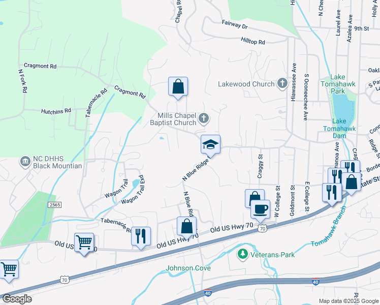 map of restaurants, bars, coffee shops, grocery stores, and more near 309 Cragmont Road in Black Mountain