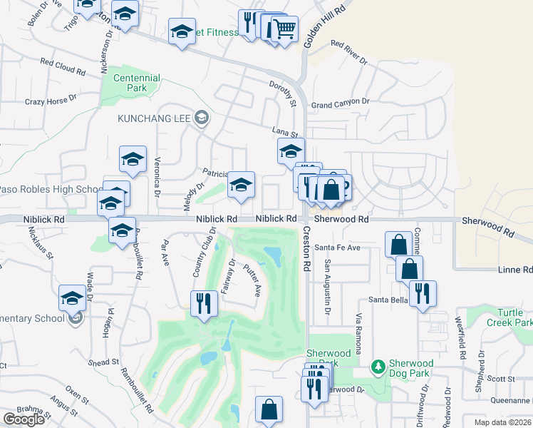 map of restaurants, bars, coffee shops, grocery stores, and more near 1206 Katherine Drive in Paso Robles