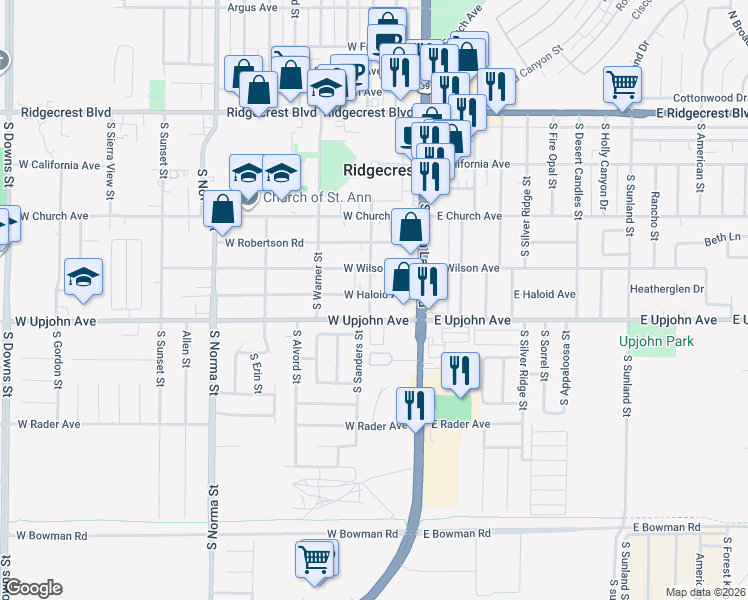 map of restaurants, bars, coffee shops, grocery stores, and more near 145 West Haloid Avenue in Ridgecrest