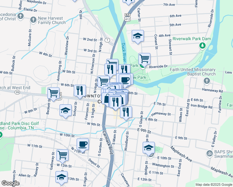 map of restaurants, bars, coffee shops, grocery stores, and more near 704 1/2 North Garden Street in Columbia