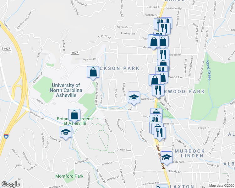 map of restaurants, bars, coffee shops, grocery stores, and more near 25 Lee Avenue in Asheville
