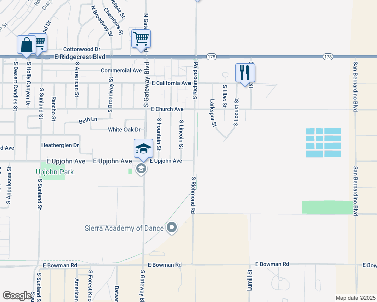 map of restaurants, bars, coffee shops, grocery stores, and more near 425 South Richmond Road in Ridgecrest