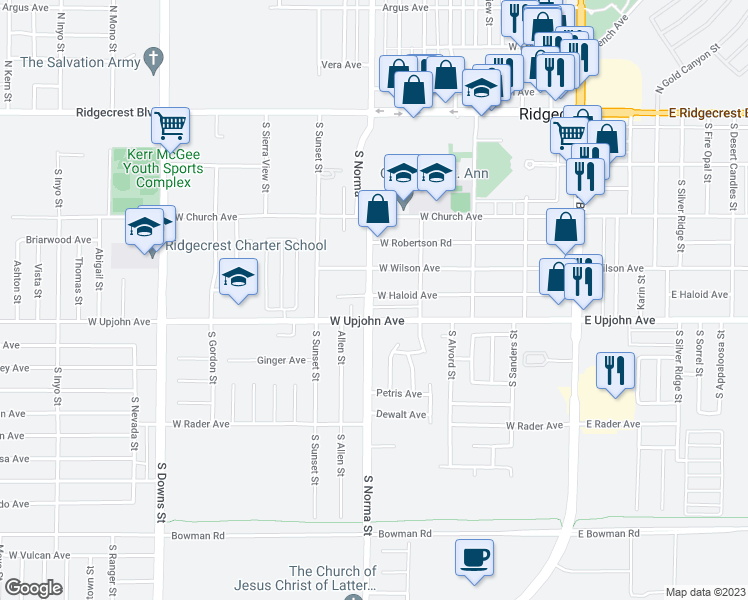 map of restaurants, bars, coffee shops, grocery stores, and more near 439 West Haloid Avenue in Ridgecrest