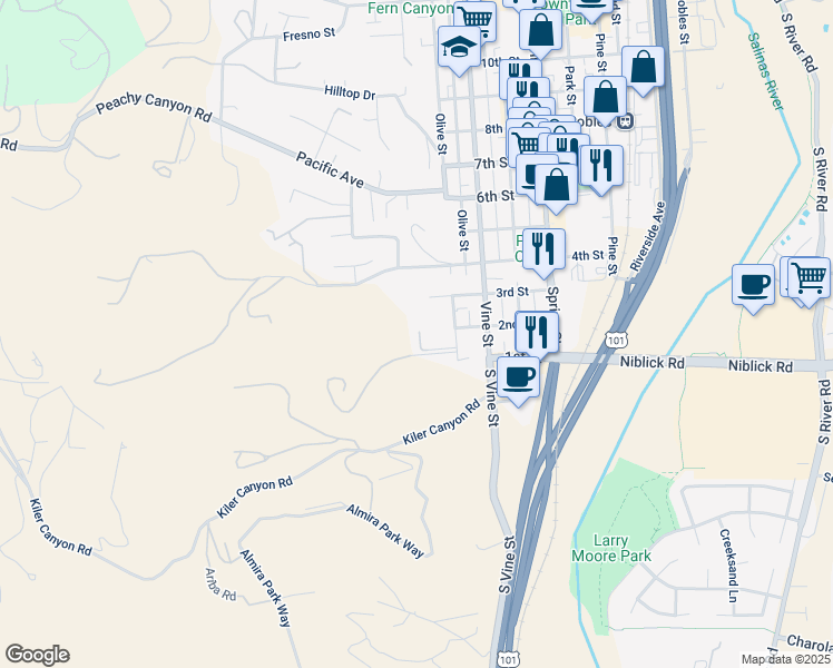 map of restaurants, bars, coffee shops, grocery stores, and more near 135 Olive Street in Paso Robles