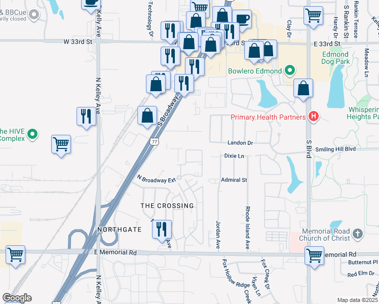 map of restaurants, bars, coffee shops, grocery stores, and more near 3948 South Broadway in Edmond