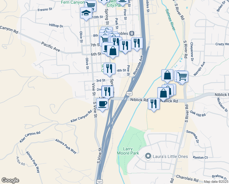 map of restaurants, bars, coffee shops, grocery stores, and more near 32 Spring Street in Paso Robles