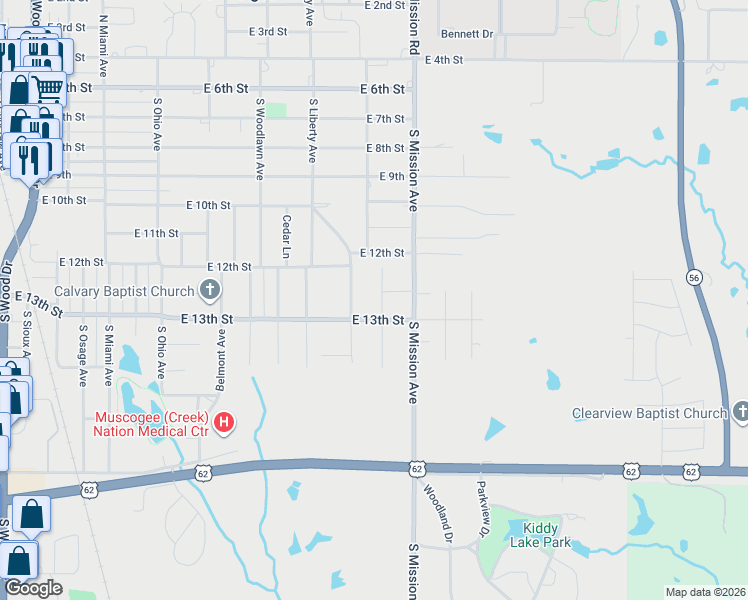 map of restaurants, bars, coffee shops, grocery stores, and more near 804 South Prairie Avenue in Okmulgee