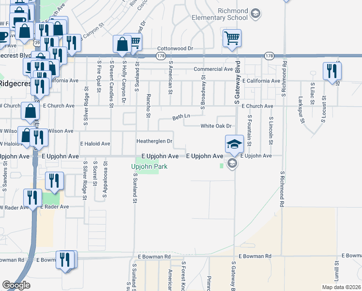 map of restaurants, bars, coffee shops, grocery stores, and more near 628 Yellow Astor Avenue in Ridgecrest