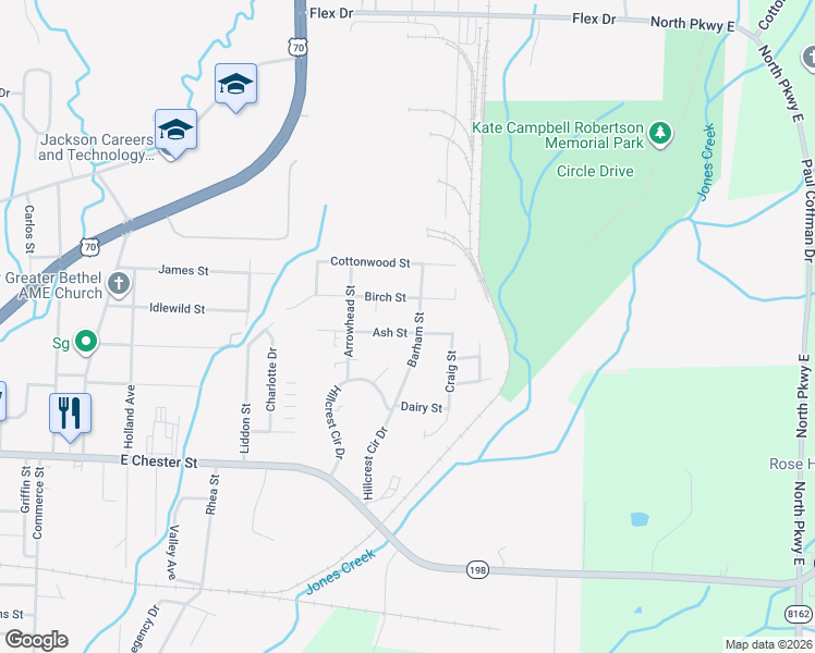 map of restaurants, bars, coffee shops, grocery stores, and more near 227 Ash Street in Jackson