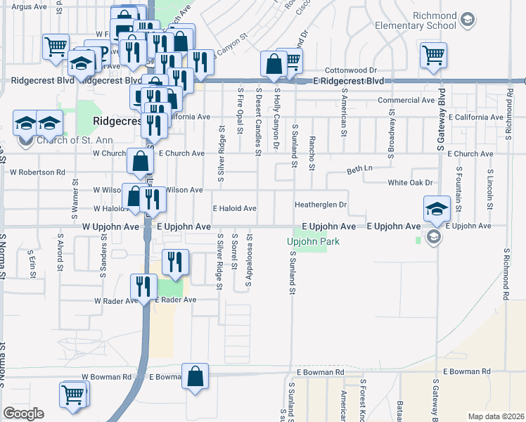 map of restaurants, bars, coffee shops, grocery stores, and more near 430 S Desert Candles St in Ridgecrest