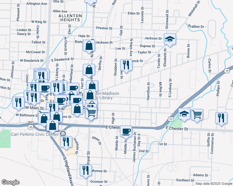 map of restaurants, bars, coffee shops, grocery stores, and more near 589 East College Street in Jackson