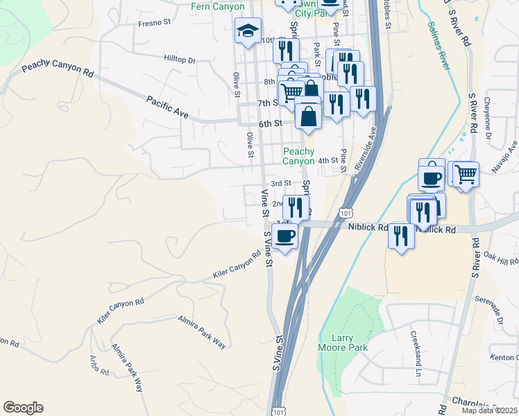 map of restaurants, bars, coffee shops, grocery stores, and more near 149 Vine Street in Paso Robles