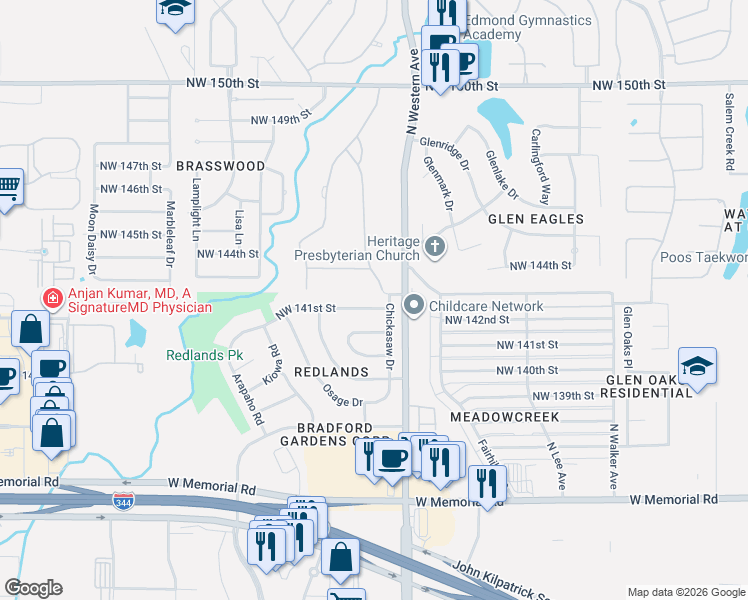 map of restaurants, bars, coffee shops, grocery stores, and more near 1105 NW 141st St in Edmond
