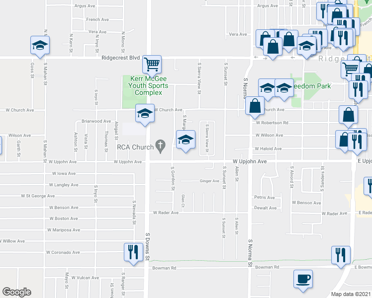 map of restaurants, bars, coffee shops, grocery stores, and more near 723 West Haloid Avenue in Ridgecrest