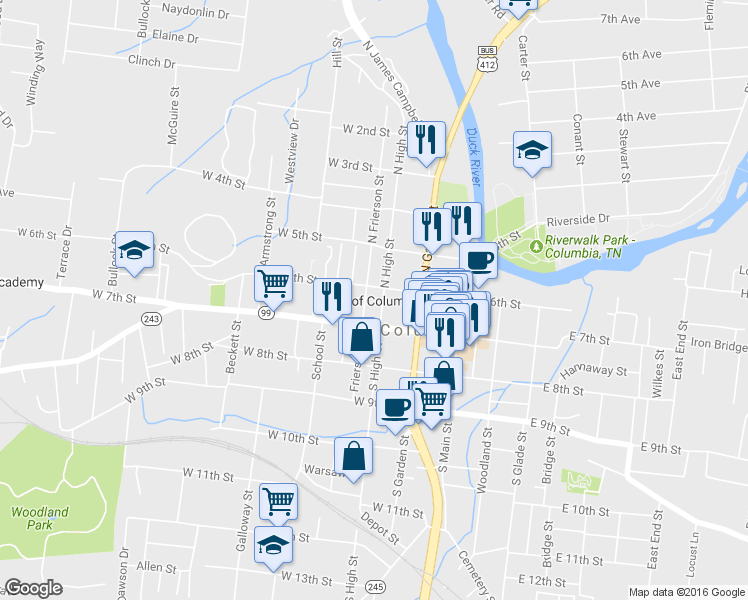 map of restaurants, bars, coffee shops, grocery stores, and more near 703 N High St in Columbia