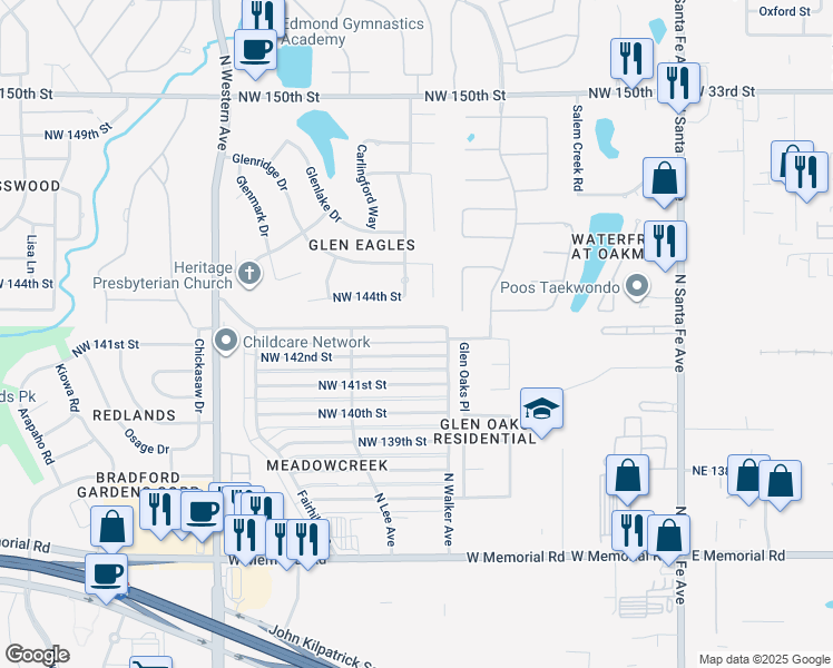 map of restaurants, bars, coffee shops, grocery stores, and more near 516 Northwest 143rd Street in Edmond