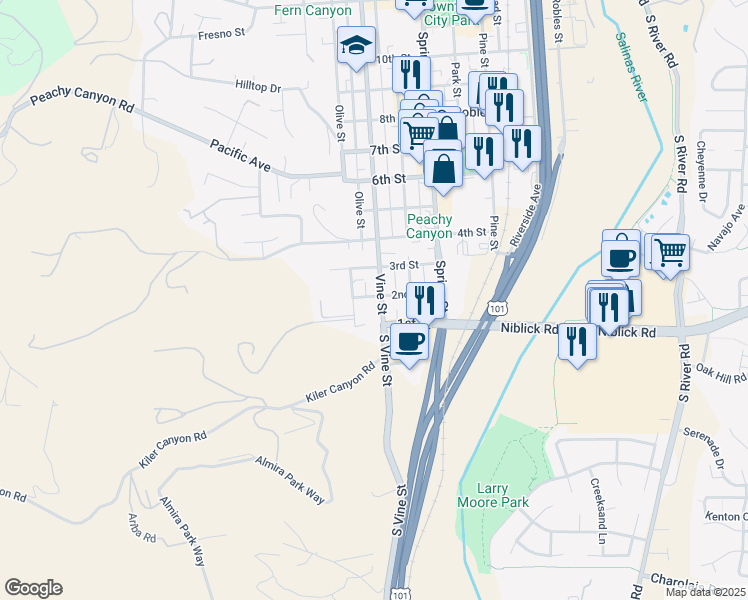 map of restaurants, bars, coffee shops, grocery stores, and more near 149 Vine Street in Paso Robles