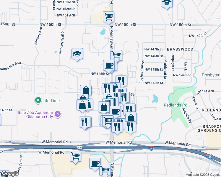 map of restaurants, bars, coffee shops, grocery stores, and more near 14300 North Pennsylvania Avenue in Oklahoma City