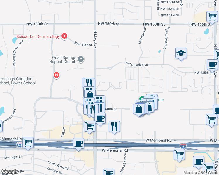 map of restaurants, bars, coffee shops, grocery stores, and more near 14300 North May Avenue in Oklahoma City