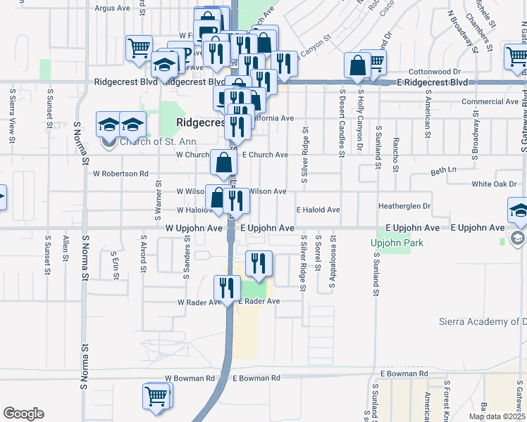 map of restaurants, bars, coffee shops, grocery stores, and more near 420 Lenore Street in Ridgecrest