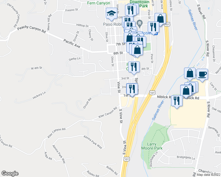 map of restaurants, bars, coffee shops, grocery stores, and more near 149 Olive Street in Paso Robles