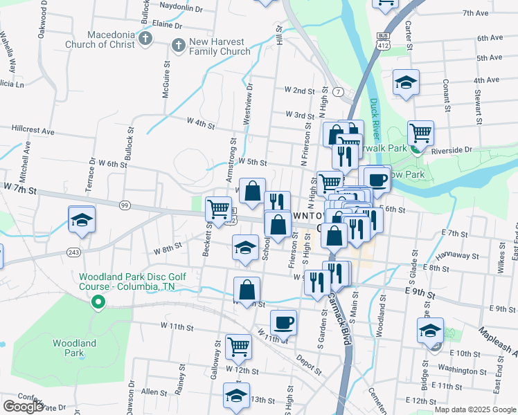map of restaurants, bars, coffee shops, grocery stores, and more near 404 West 7th Street in Columbia