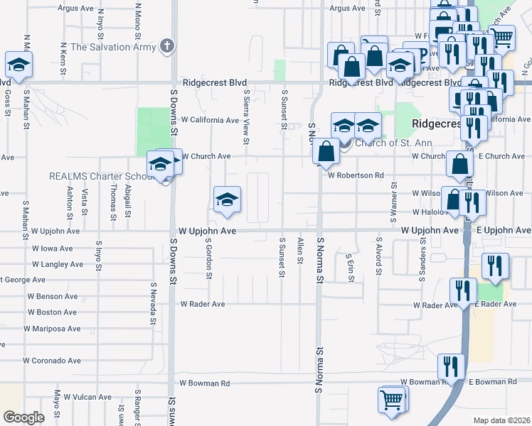 map of restaurants, bars, coffee shops, grocery stores, and more near 620 West Upjohn Avenue in Ridgecrest