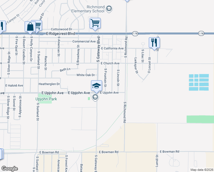 map of restaurants, bars, coffee shops, grocery stores, and more near 420 South Fountain Street in Ridgecrest