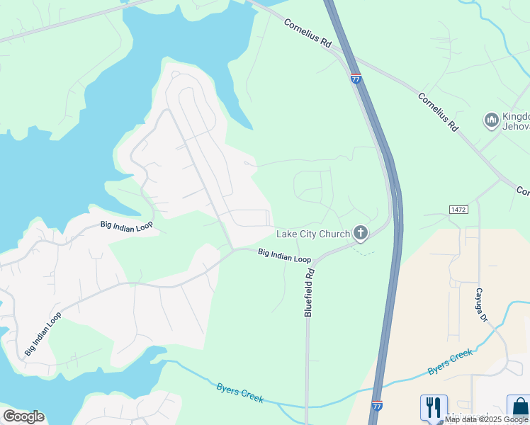 map of restaurants, bars, coffee shops, grocery stores, and more near 117 Tomahawk Drive in Mooresville