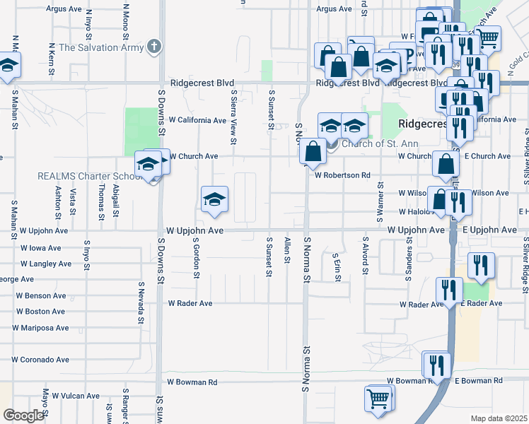 map of restaurants, bars, coffee shops, grocery stores, and more near 425 South Sunset Street in Ridgecrest