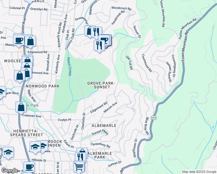 map of restaurants, bars, coffee shops, grocery stores, and more near 23 Sunset Terrace in Asheville
