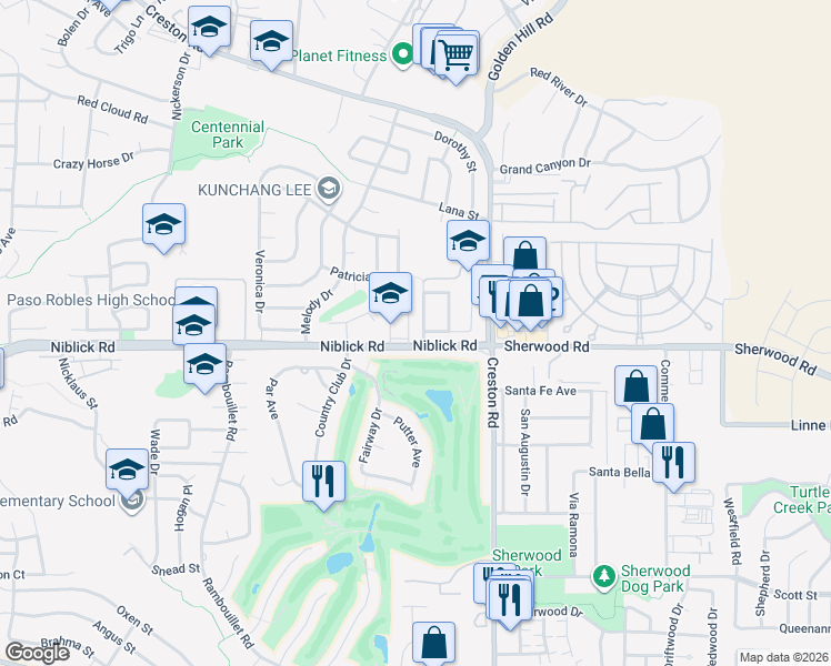 map of restaurants, bars, coffee shops, grocery stores, and more near 1206 Katherine Drive in Paso Robles